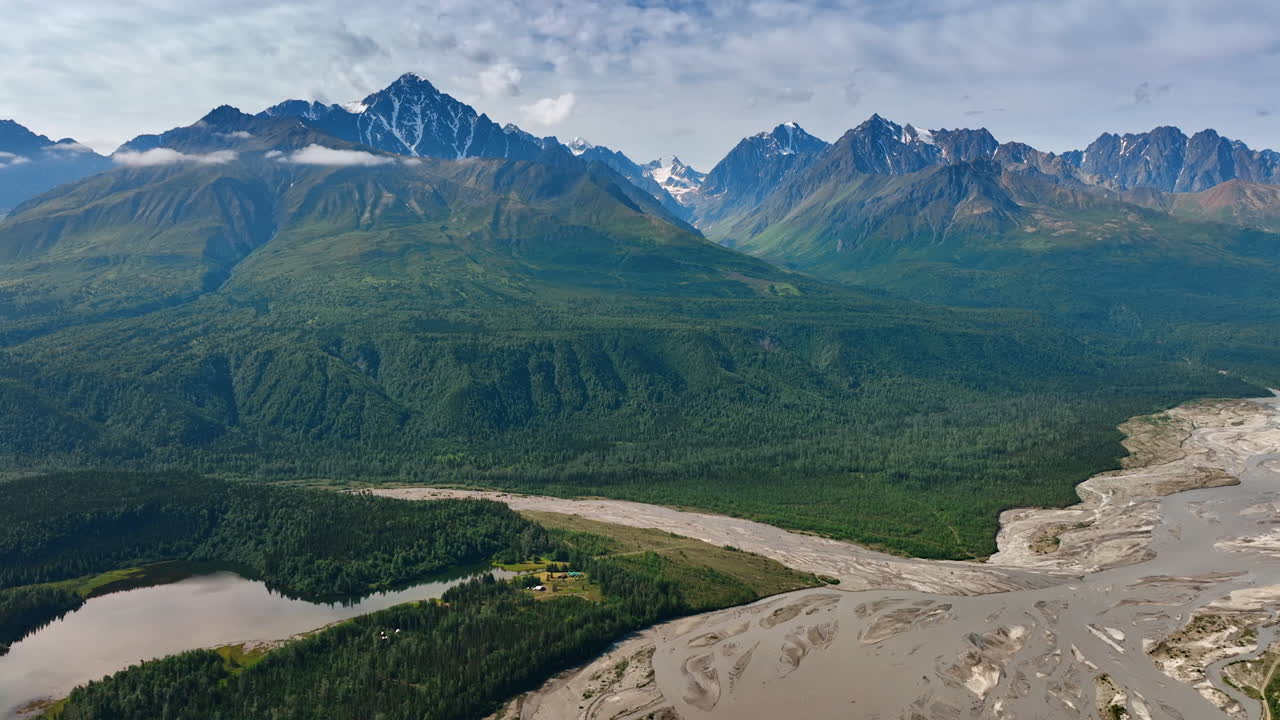 Glacial River and Forest with Massive Mountain Backdrop. An impressive scene shows a sediment-laden, braided glacial river flowing next to the dark green edge of a boreal forest
