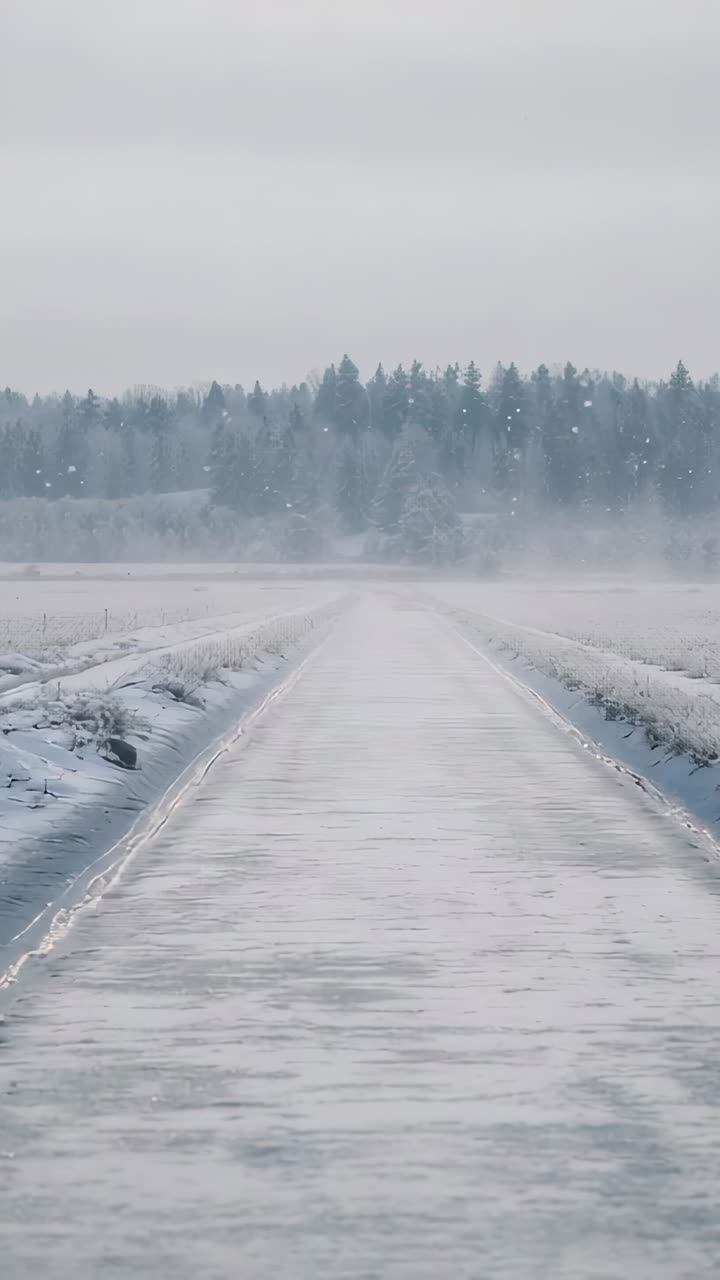 Vertical video: Shifting light and cold air making frozen roadway glint in rural field, low mist
