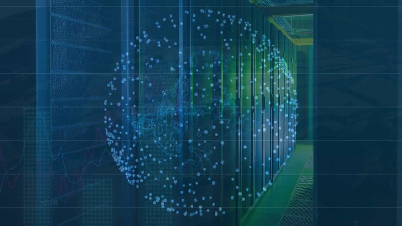 Animation of spinning globe and statistical data processing against computer server room