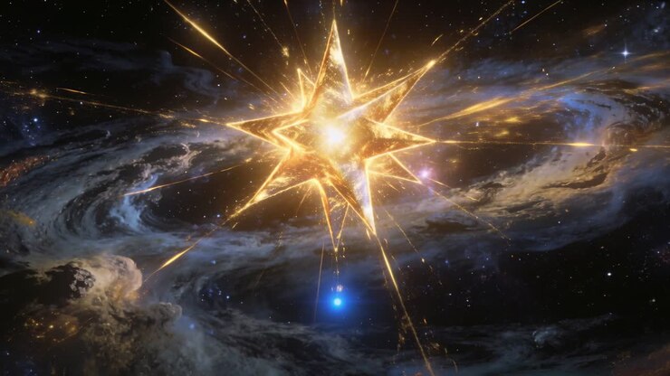 Pulsing golden multipointed star sending rays streaks to blue orb in spiral nebula, energizing orb