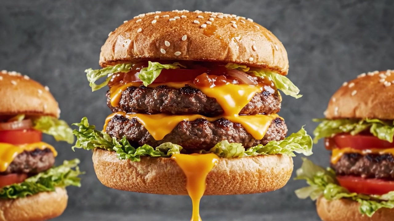 Sfrigolanti e Deliziosi: Uno Sguardo Ravvicinato a Succulenti Cheeseburger Impilati con Hamburger Succosi, Verdure Fresche e Formaggio Fuso, Perfetti per Ogni Appassionato di Cibo