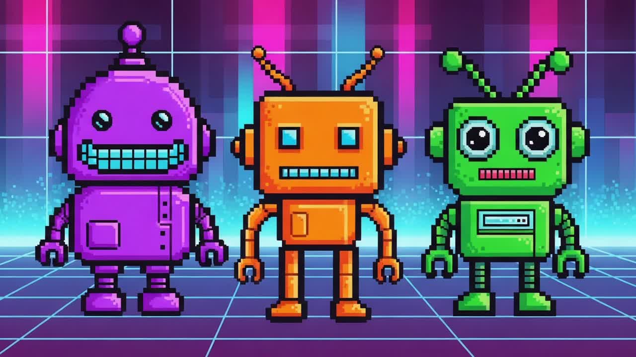 Colorful Pixelated Robots Dancing Together in a Retro Neon Environment, Showcasing Fun and Whimsical Character Designs with Vibrant Colors