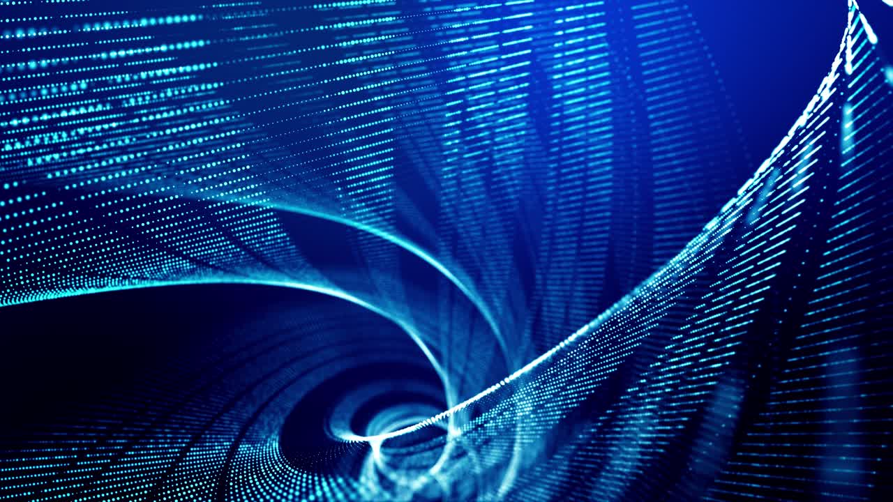 4k looped abstract background of glow particles form lines, surfaces as futuristic landscape in cyberspace or hologram. Sci-fi theme of microworld, nanotechnology or cosmic space. Blue stripes 16