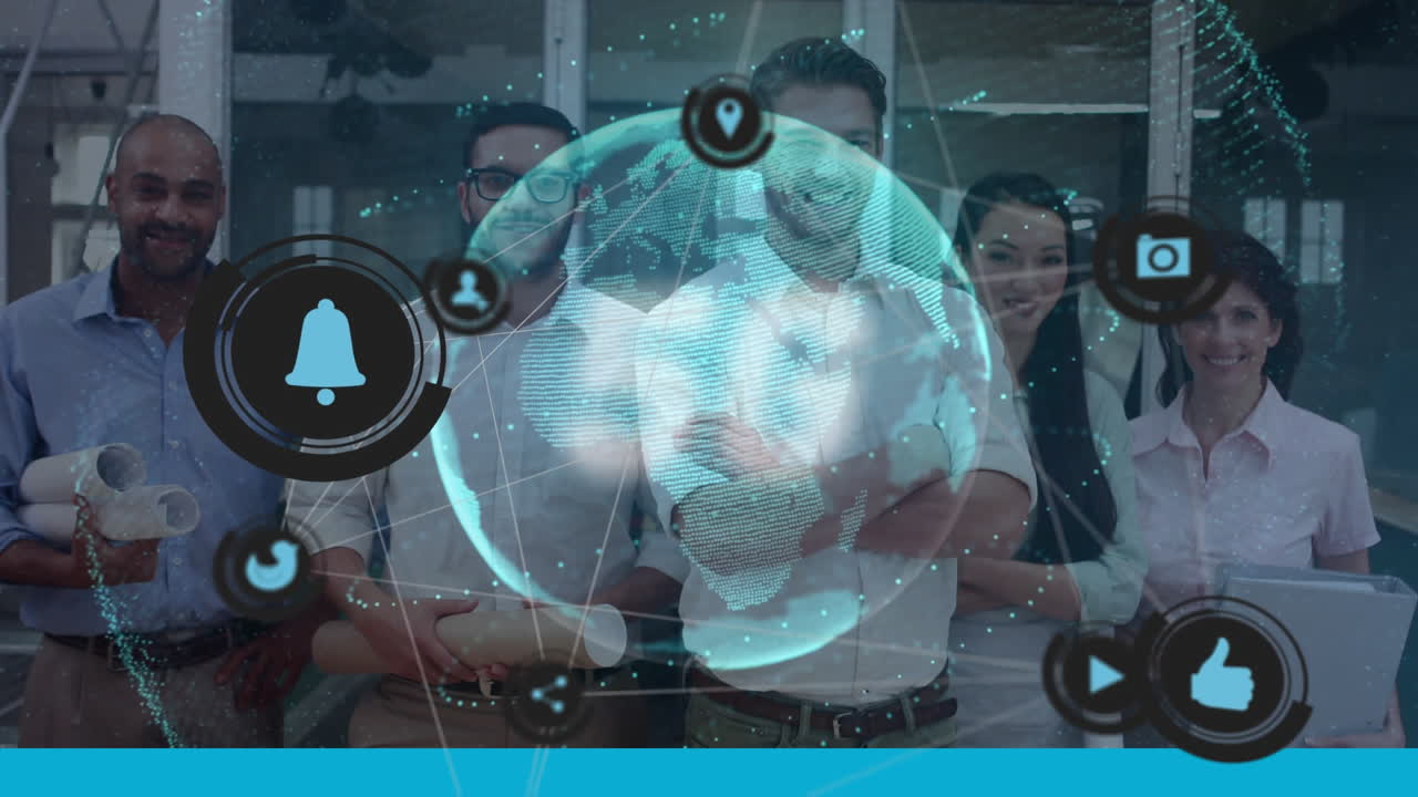 сеть соединений значков над вращением против группы людей в офисе