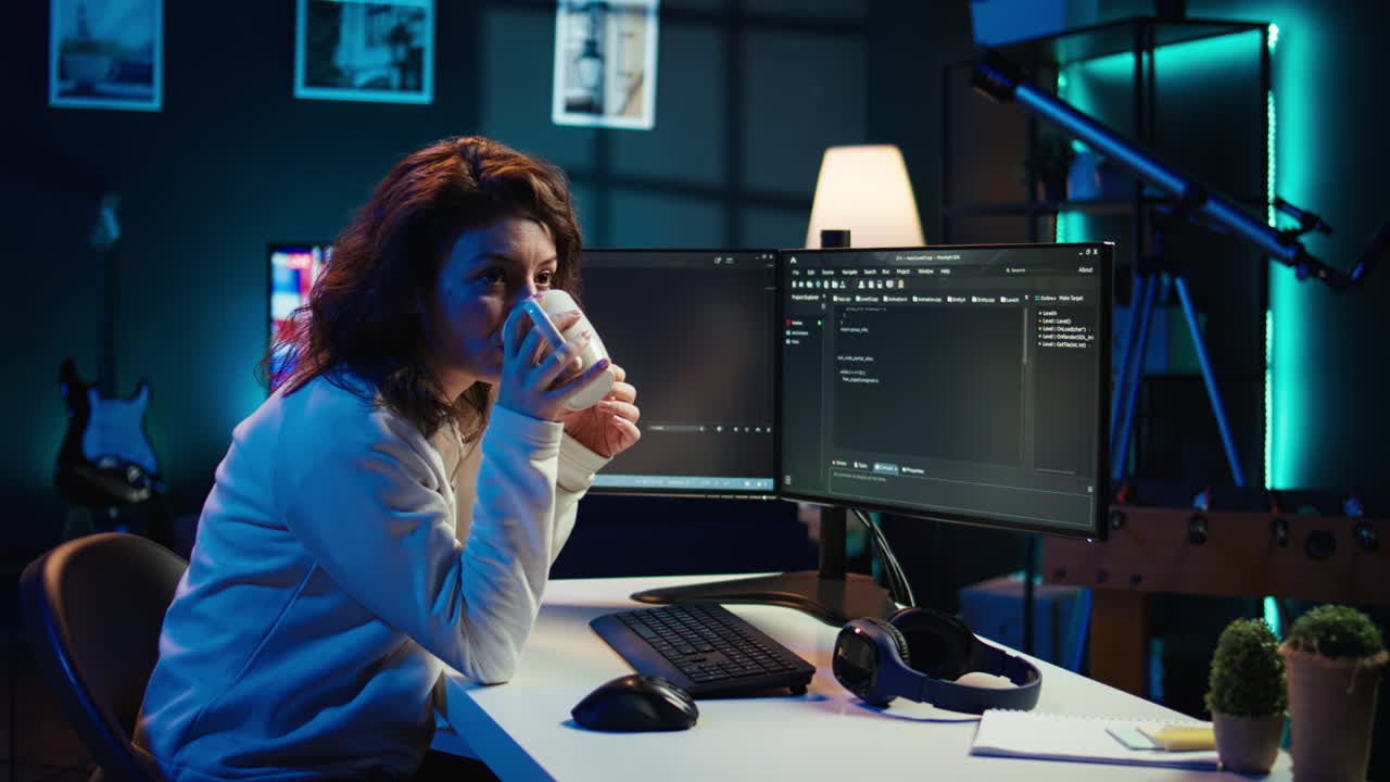 retrato de sonriente especialista bebiendo café, escribiendo código