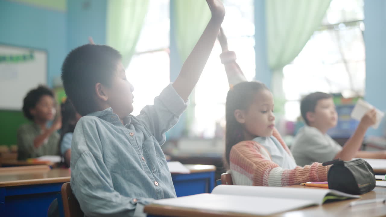 Students raising hands in classroom