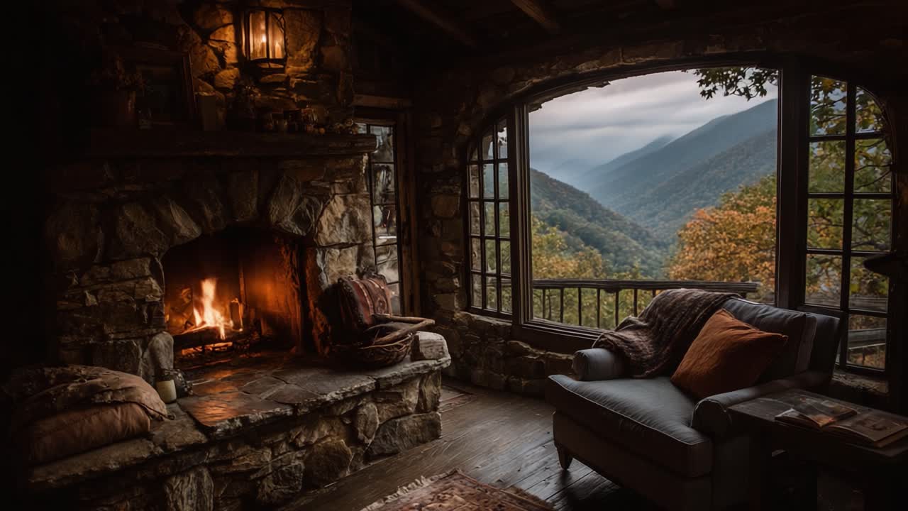 A Cozy Retreat: A Warm Fireplace Illuminates a Mountain View Room, Perfectly Designed for Relaxation and Tranquility with Nature Outside the Windows