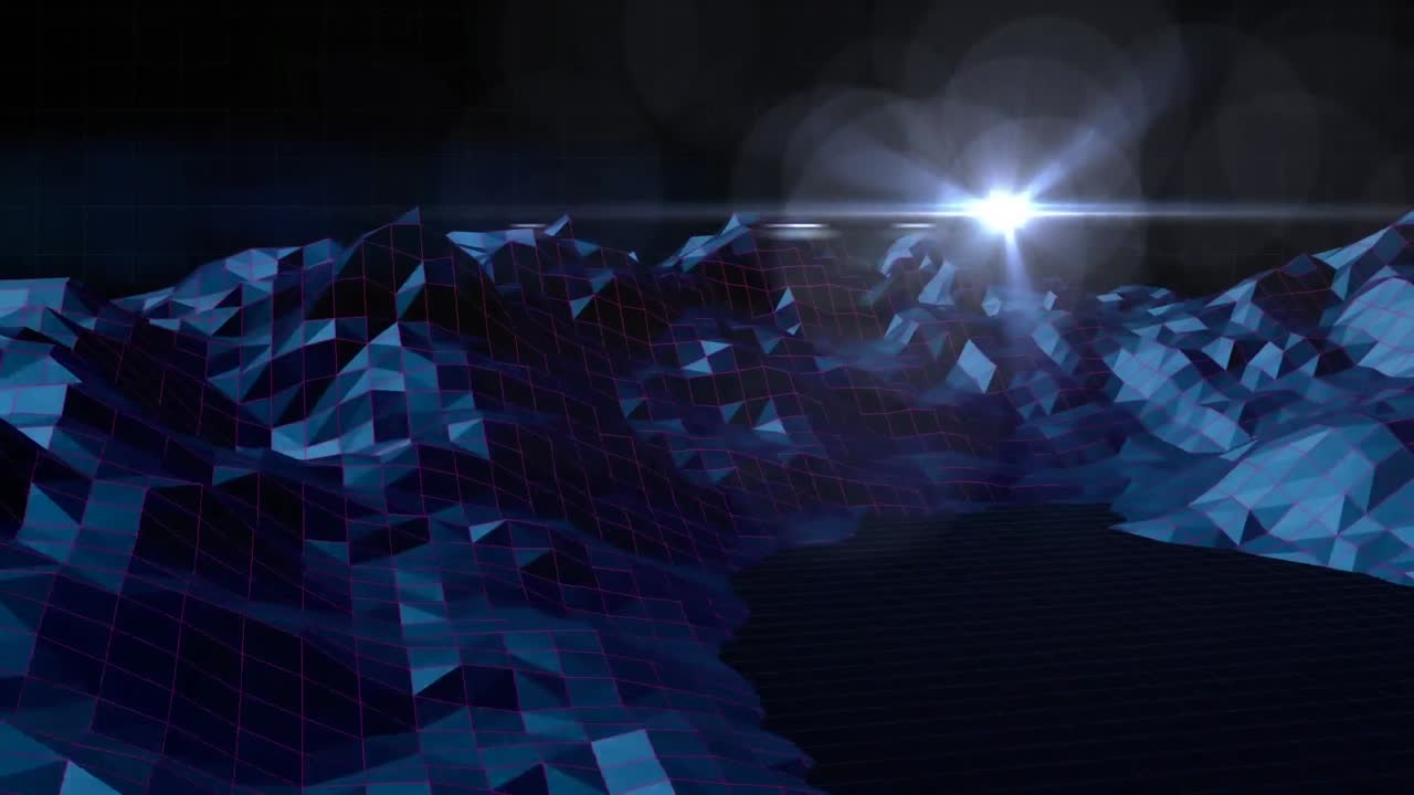 Animation of digital 3d mountains rotating and wandering star moving on black background