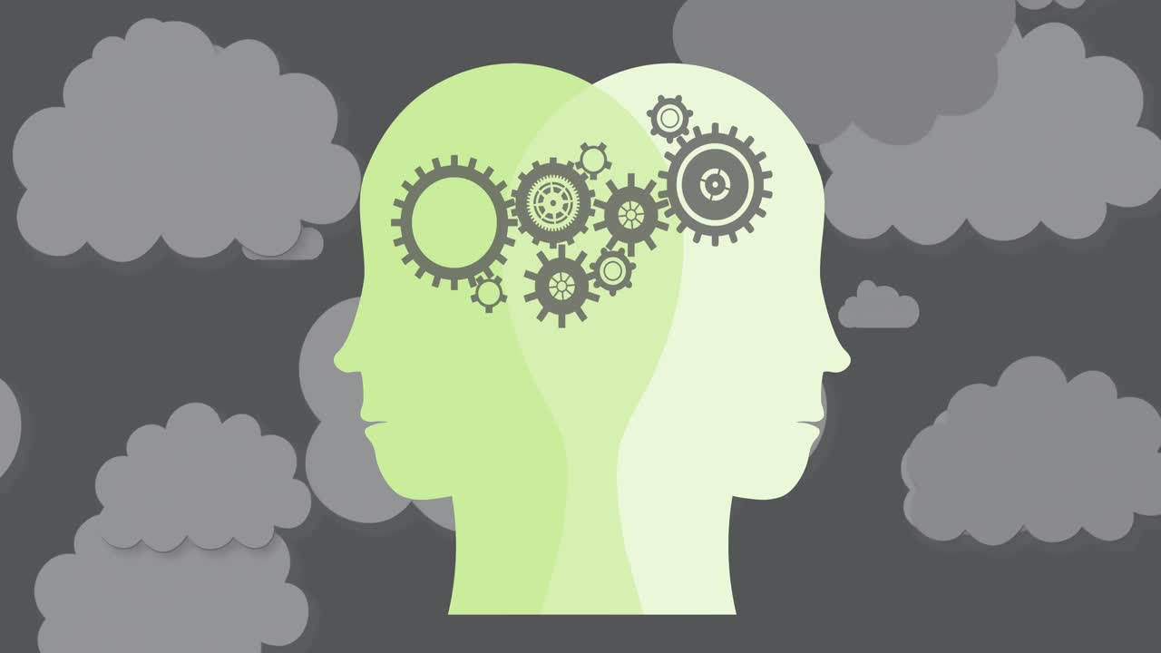 회색 구름진 배경에 녹색 얼굴 위에  ⁇ 의 애니메이션