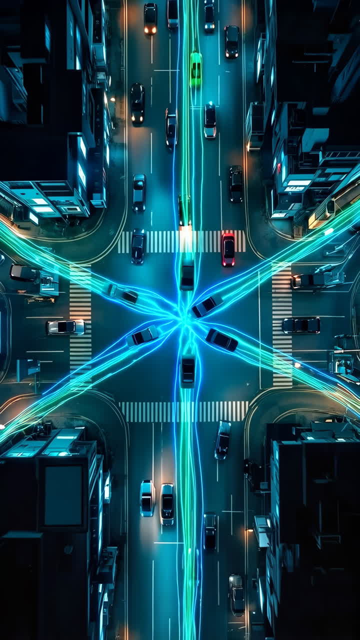 Futuristic City Intersection with Glowing Traffic Flow at Night