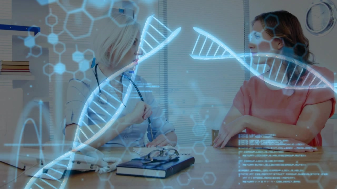 Reacting to DNA holograms, clinician in scrubs and stethoscope explaining genetic results in clinic