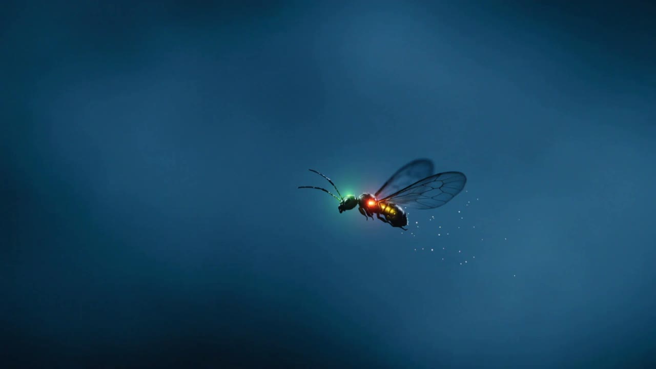Insetto luminescente che appare e si muove a sinistra al crepuscolo, con testa verde pulsante e addome arancione, lasciando una scia.