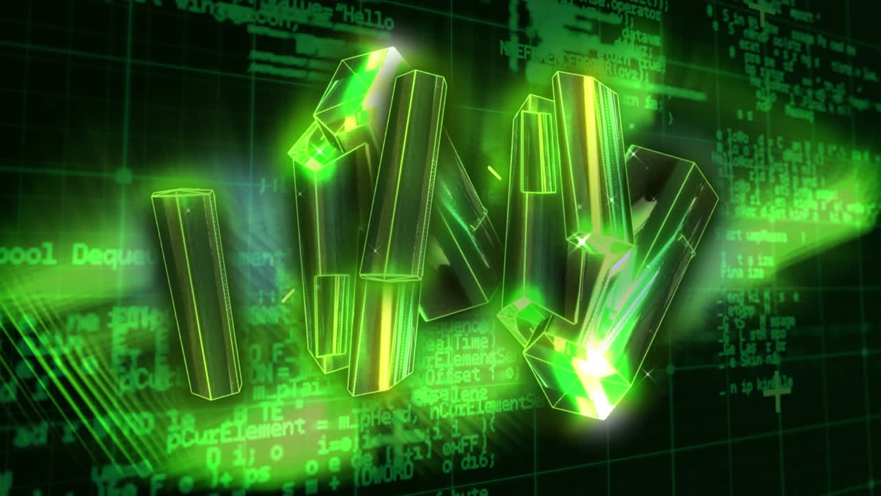 animación de barras 3d sobre el patrón de cuadrícula contra el lenguaje de la computadora y cuadrados en el fondo