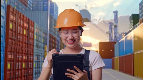 close up de una trabajadora asiática que usa gafas de protección y casco de seguridad tomando notas en una tableta mientras está de pie en un almacén de contenedores