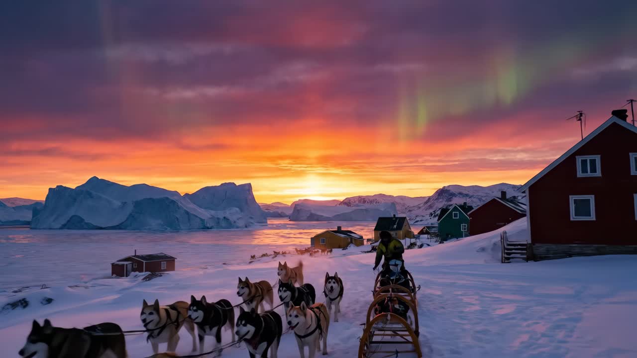 鮮やかな夕焼けとオーロラの下、雪深い北極の村を犬ぞりで駆け抜ける