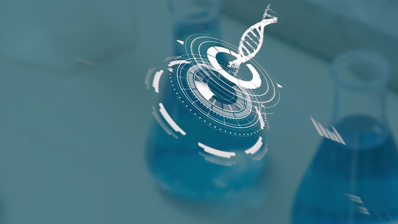 Digital DNA Helix Animation Over Laboratory Flasks