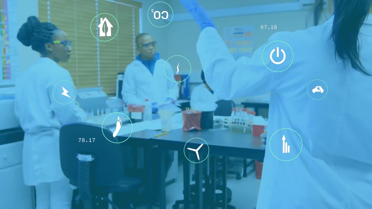 animación de iconos ecológicos sobre diversos trabajadores de laboratorio