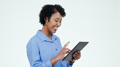 tablet, pensamiento y perfil de mujer de negocios