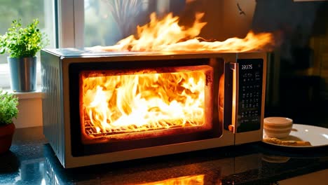 un horno de microondas con un fuego dentro de él