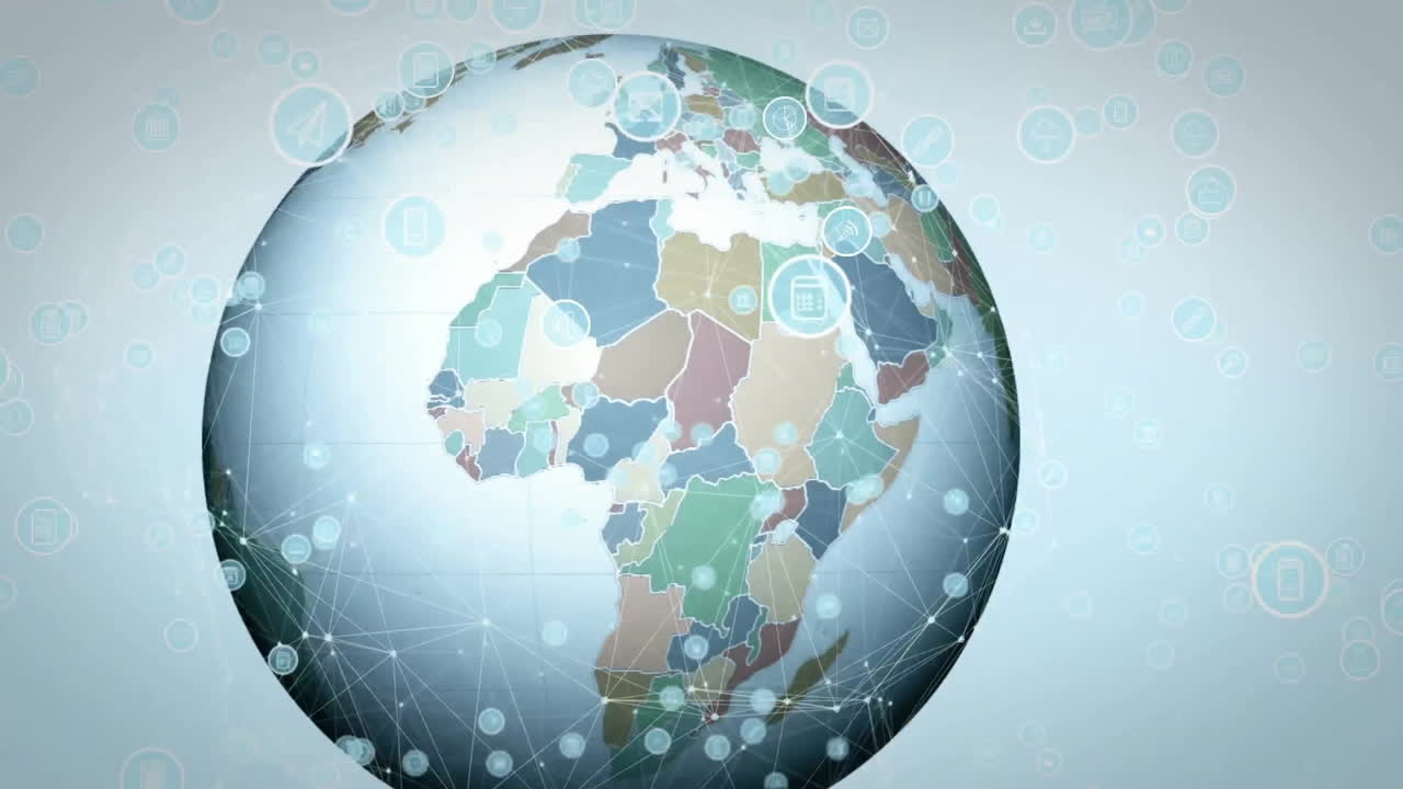 animación de la red de conexiones con iconos en todo el mundo