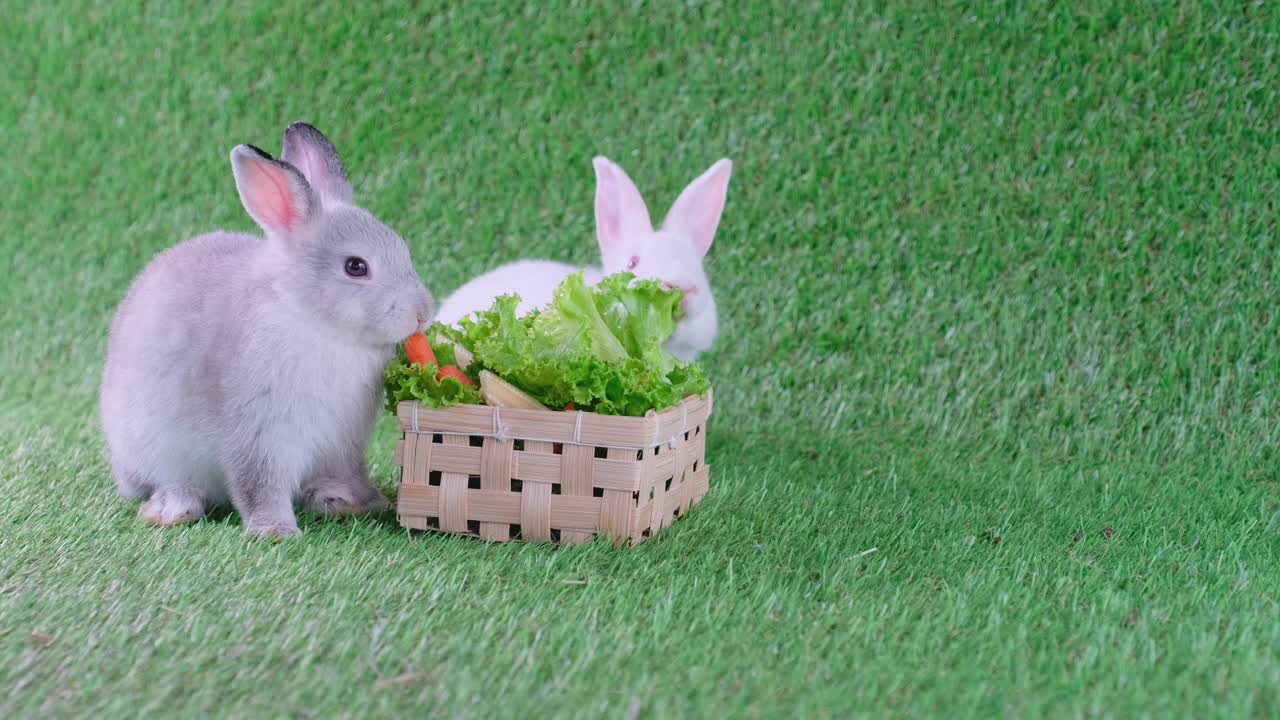 pequeño conejo gris y blanco se quedan en la hierba verde y comen verduras juntos