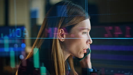 Smiling-trader-speaking-cell-in-data-reflection-closeup.-Successful-woman-talk