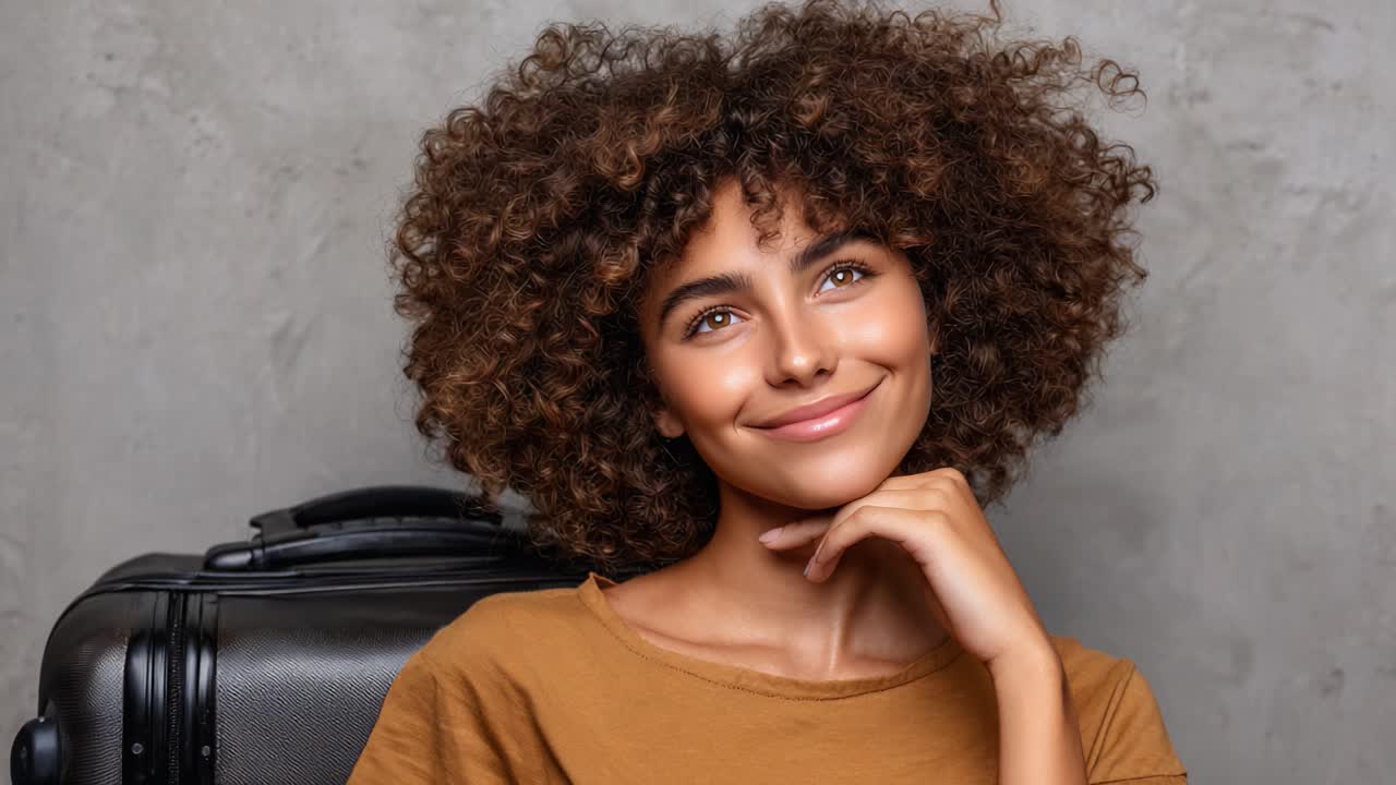 A Joyful Journey: A Woman with Curly Hair Positively Reflects on Her Travel Adventures, Relaxed by Her Luggage and Smile