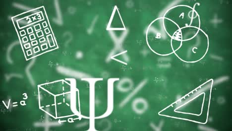 Digital-animation-of-mathematical-equations-and-school-icons-floating-against-green-background