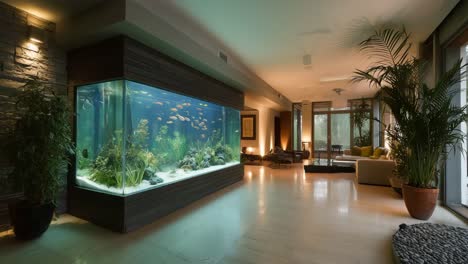 a modern living room with a large aquarium