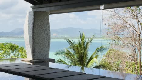 a tranquil view of phang nga bay from a luxury resort in phuket, thailand, showcasing lush greenery and calm waters