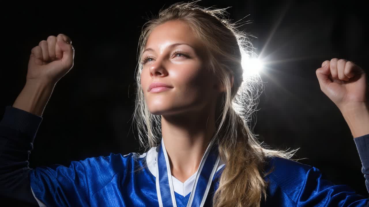 Celebrating Victory: A Young Athlete Radiates Confidence and Triumph Against a Dramatic Backdrop, Capturing a Moment of Exhilaration and Achievement