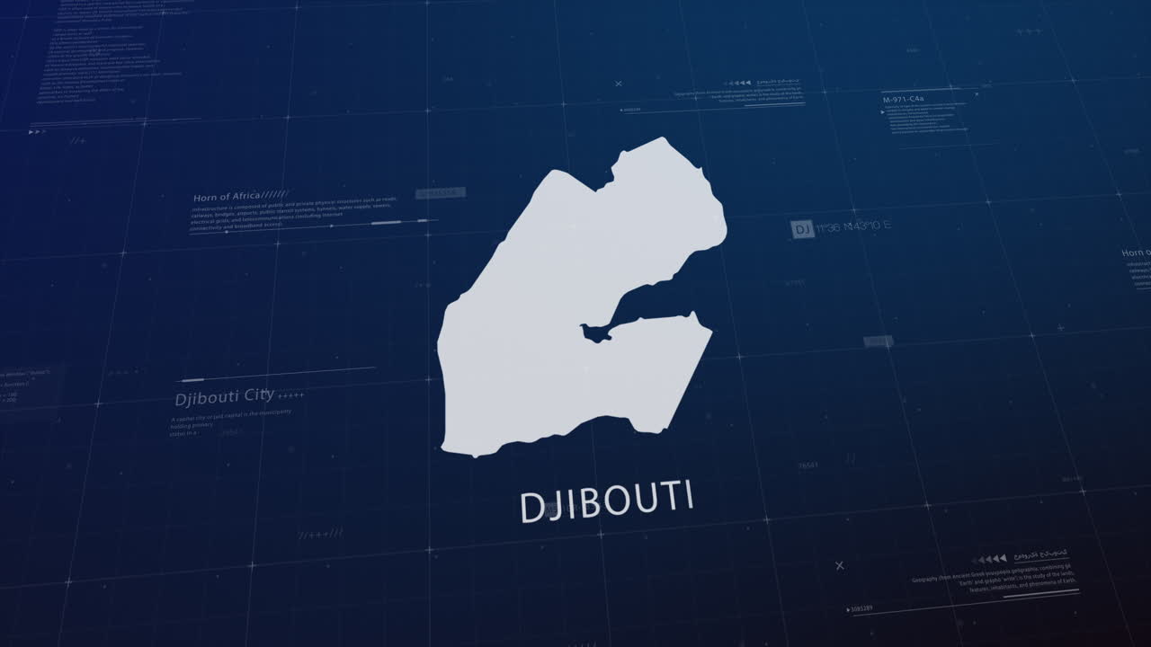 Djibouti country map comes to life with cinematic panning, unveiling key details, the capital, and slogan, providing an engaging background for corporate and commercial use