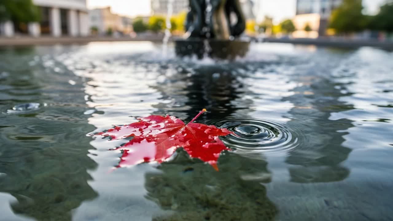 A Vibrant Red Maple Leaf Floating Gracefully on the Surface of a Tranquil Fountain, Capturing the Essence of Nature's Beauty in an Urban Setting