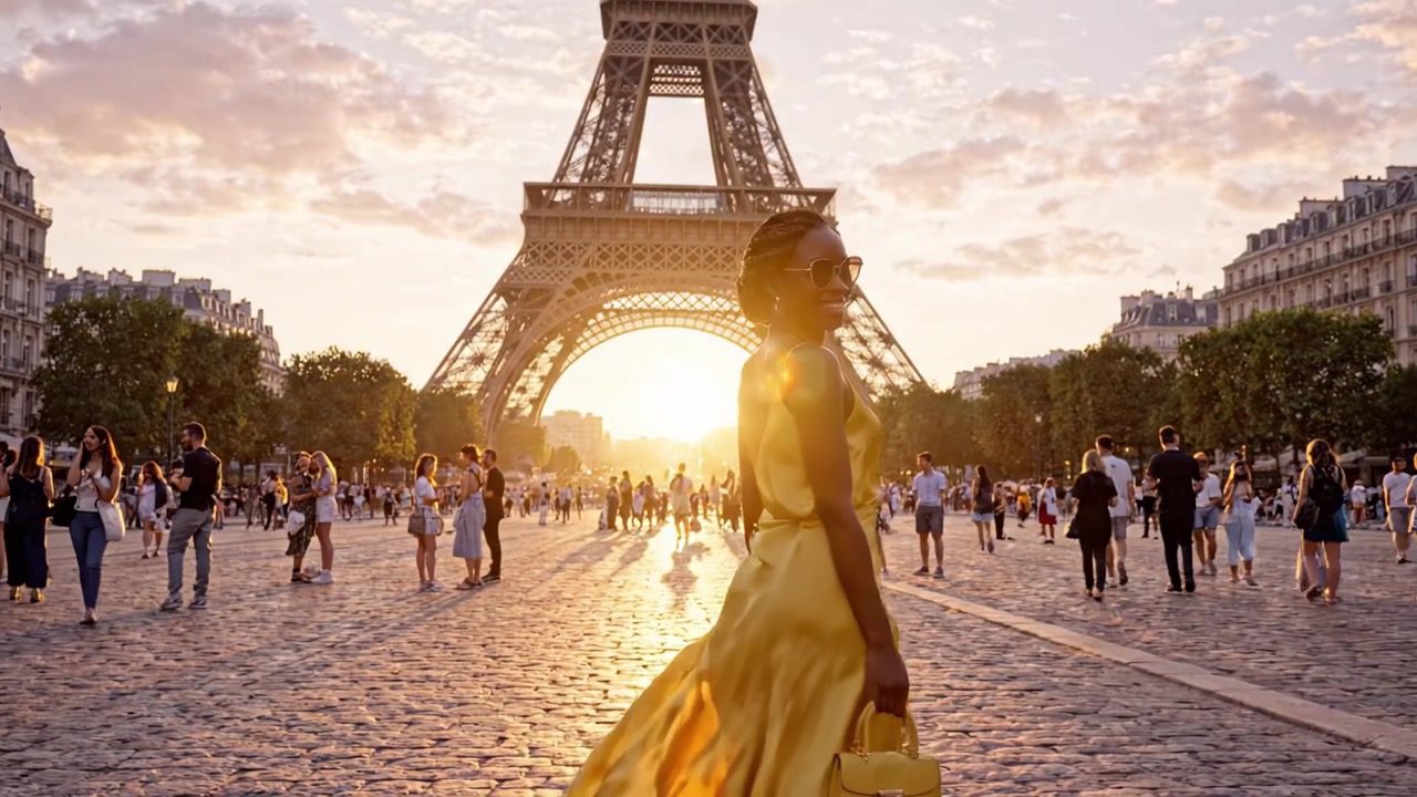 A Stylish Woman in a Yellow Dress Stands Gracefully at Sunset Near the Iconic Eiffel Tower, Surrounded by a Vibrant Crowd of Tourists and Locals in Paris