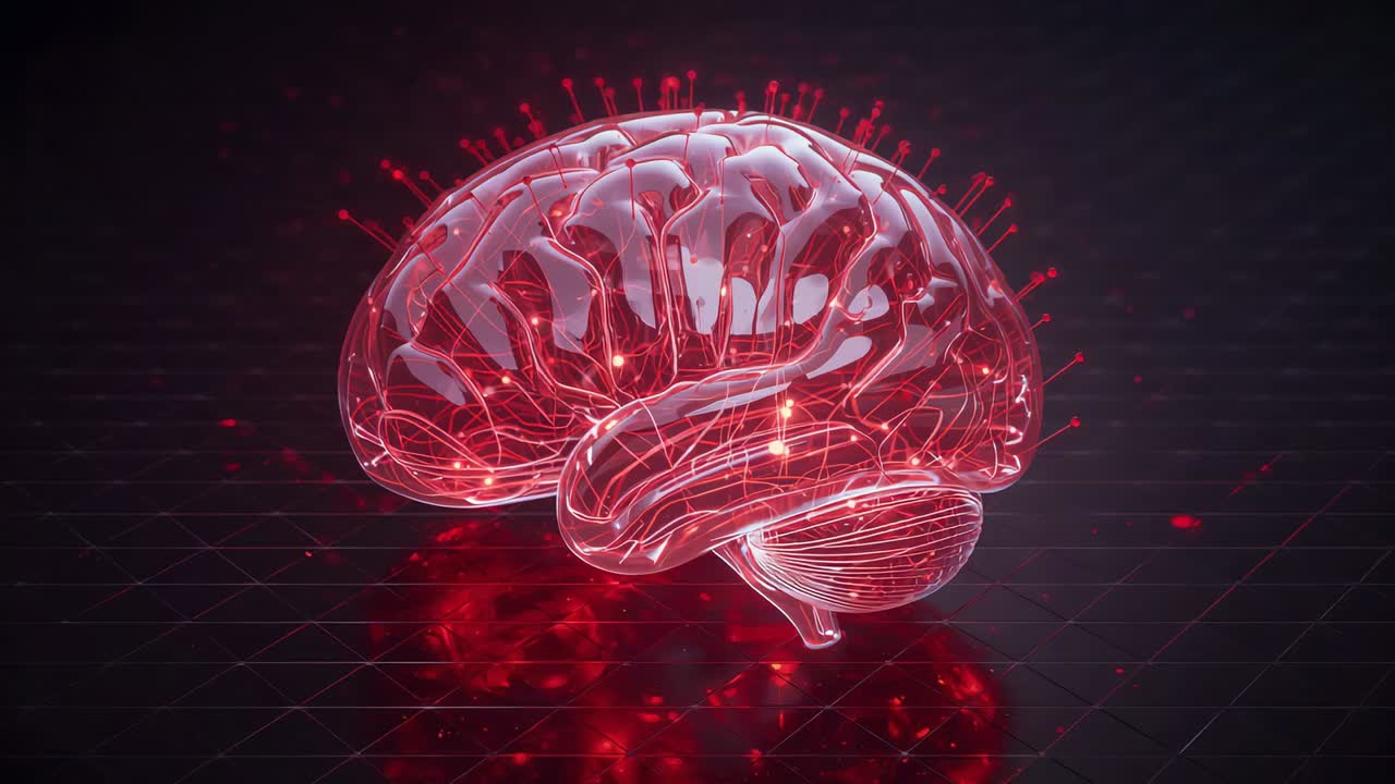 Modelo de cerebro translúcido brillante que envía nodos pulsantes a través de una cuadrícula oscura, mostrando la actividad cerebral