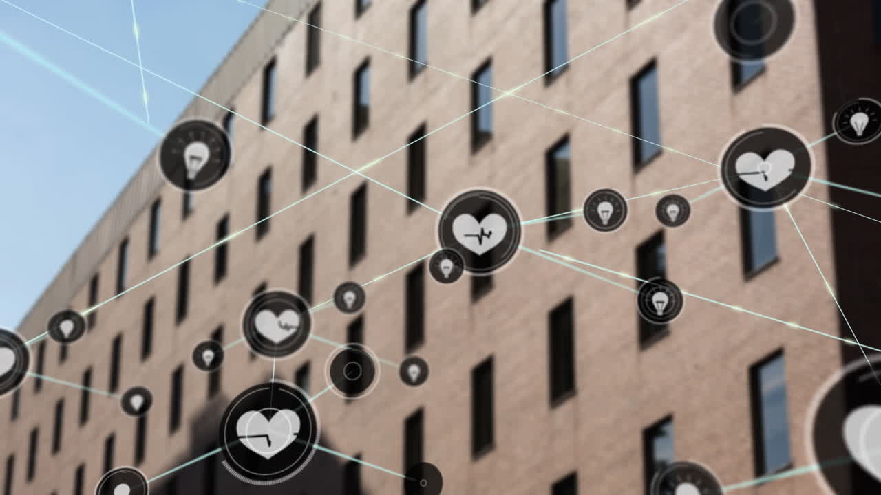 animación de la red de conexiones con iconos sobre un edificio de oficinas moderno