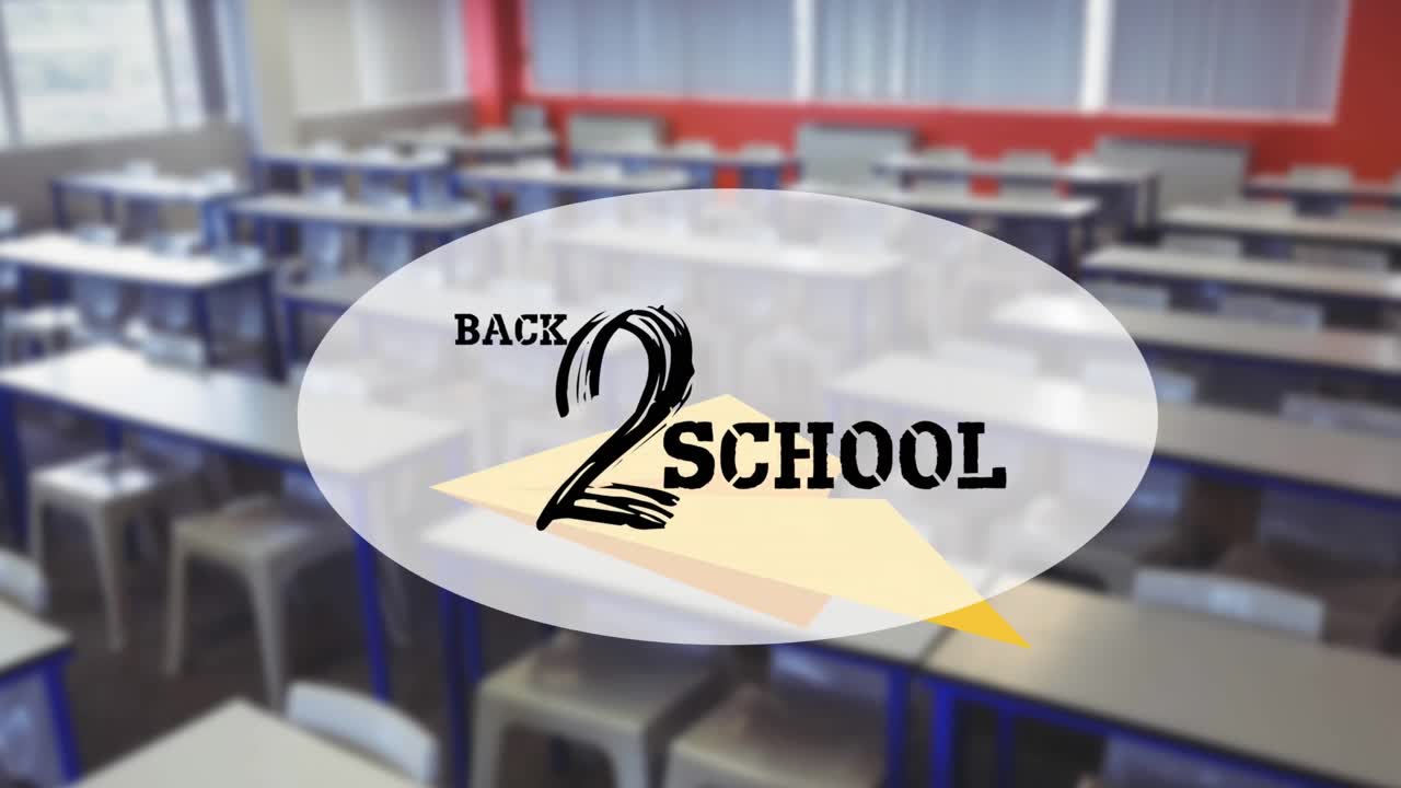 Animation of back 2 school text and paper planes over empty classroom