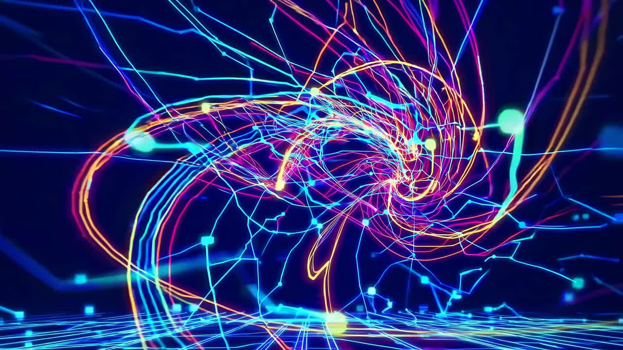 Konsep video dinamis dengan lampu neon berputar dan garis digital