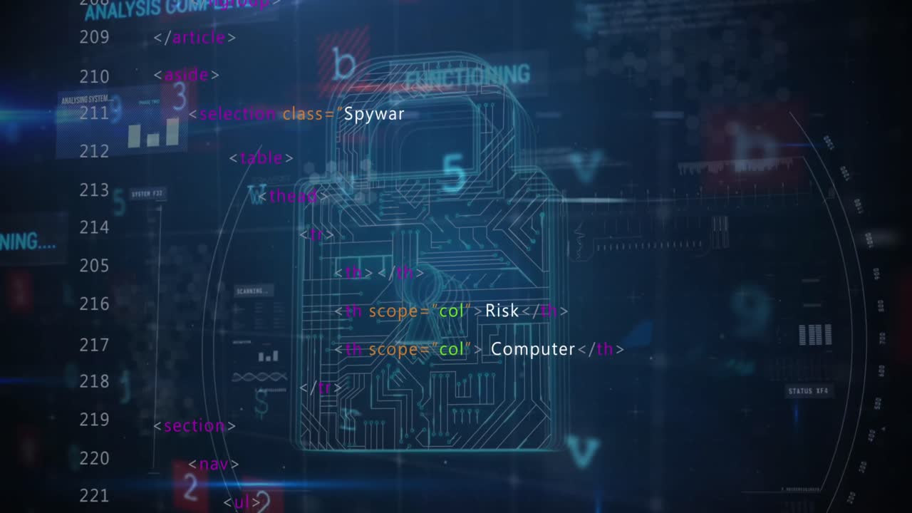 Animation of online security padlock and data processing