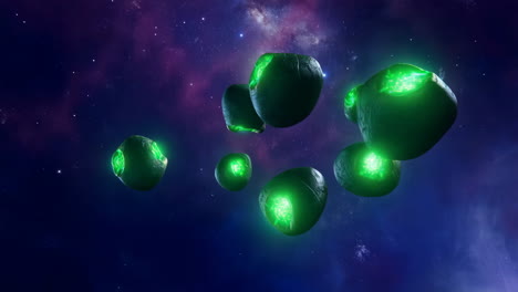 glowing green objects floating in a cosmic nebula