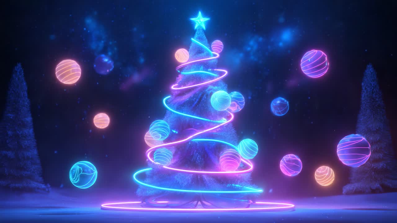 A vibrant, colorful Christmas scene featuring a glowing neon tree adorned with swirling lights and floating ornaments, creating an enchanting festive atmosphere in a winter wonderland