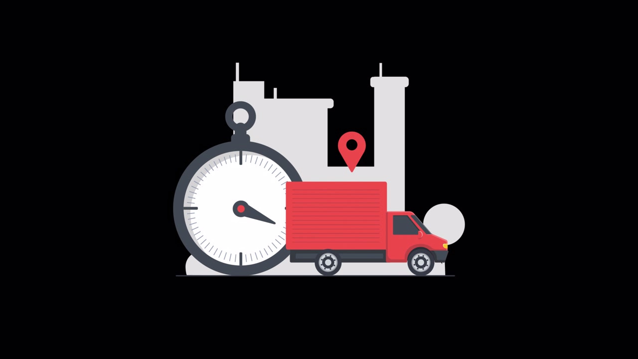 Animated Illustration of Delivery Truck with Stopwatch and Location Pin