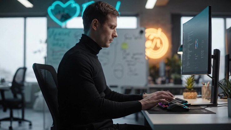 Fokussierte Person programmiert am Computer in einem modernen Büro mit kreativer Atmosphäre und inspirierenden Grafiken, die den Arbeitsplatz beleuchten