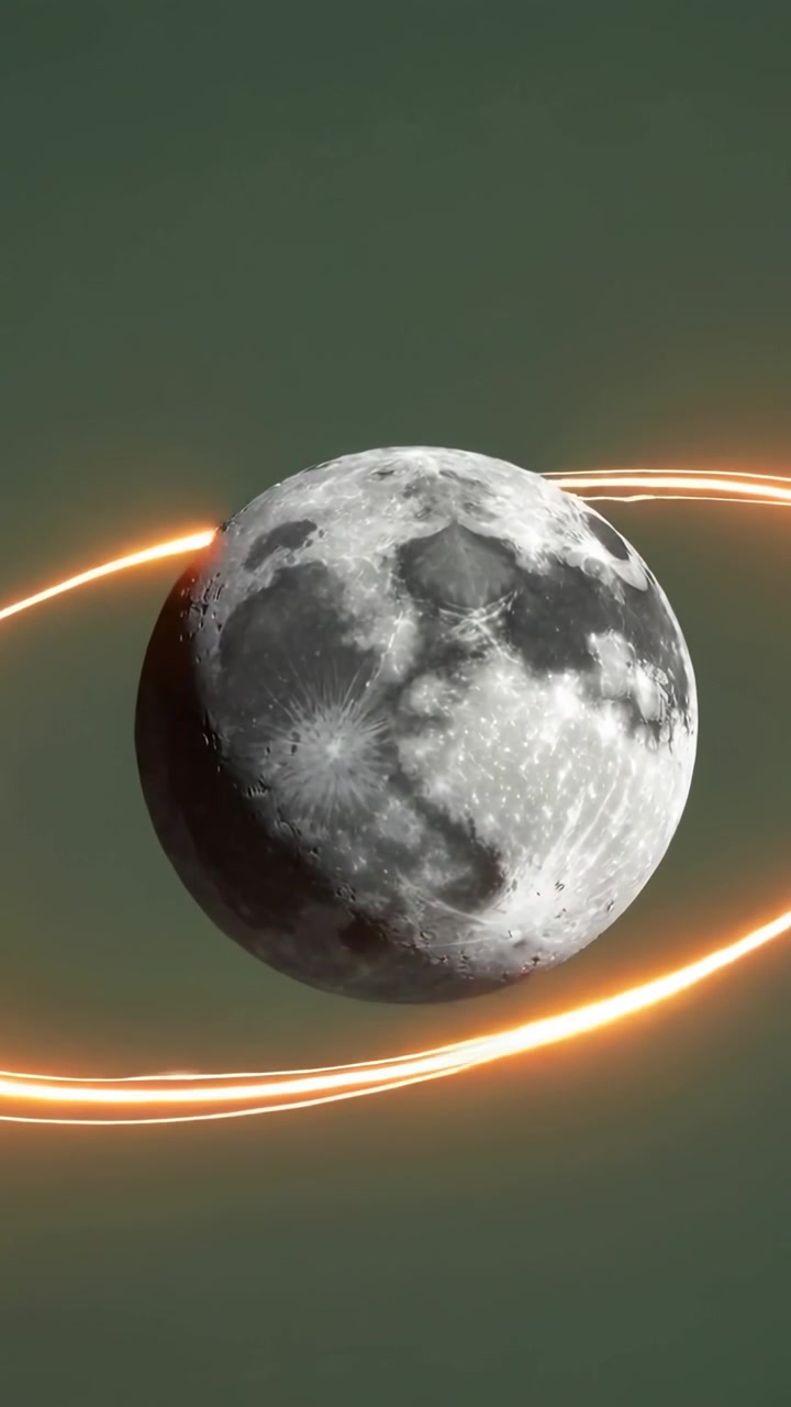 Vertical video: Orbiting orange and pale trails urging gray moon turning in green void, flaring