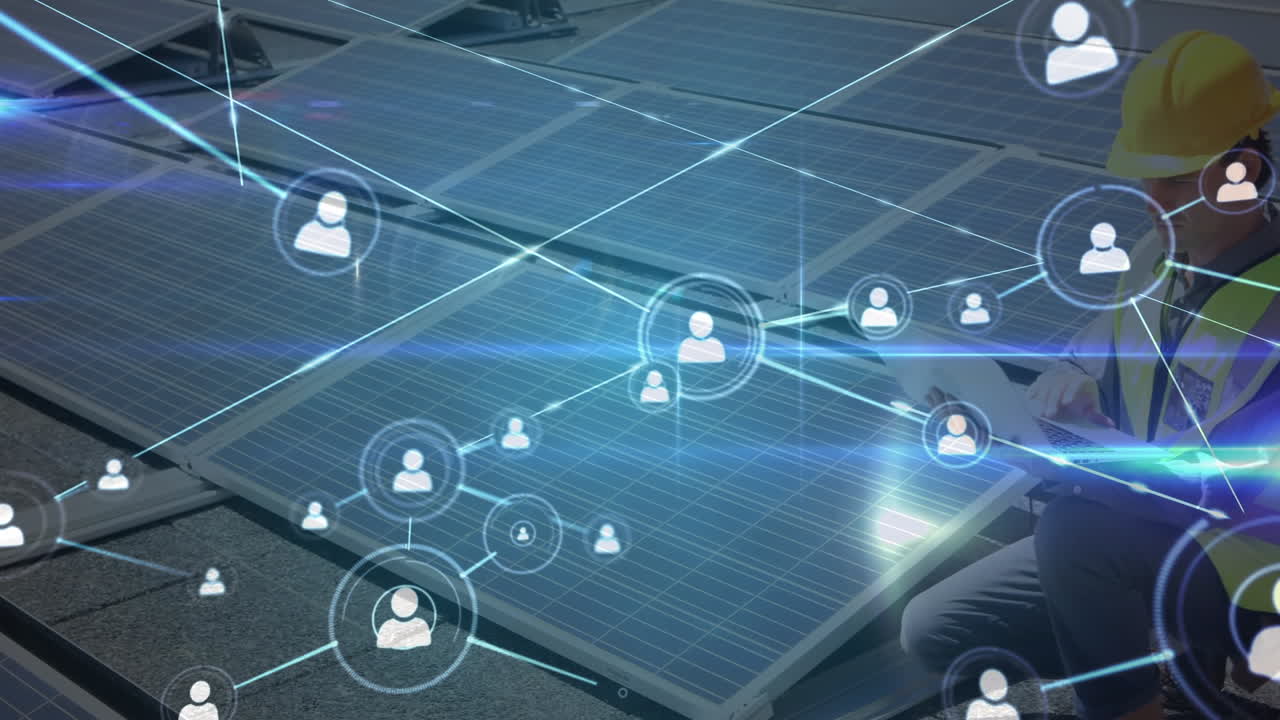 태양 전지 패널을 설치하는 백인 남성에 대한 연결 네트워크의 애니메이션