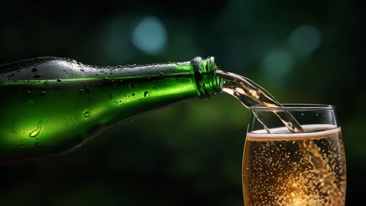 Versamento rinfrescante: un primo piano di una bottiglia verde che versa una bevanda frizzante in un bicchiere, catturando l'essenza del piacere e della celebrazione in ogni goccia.