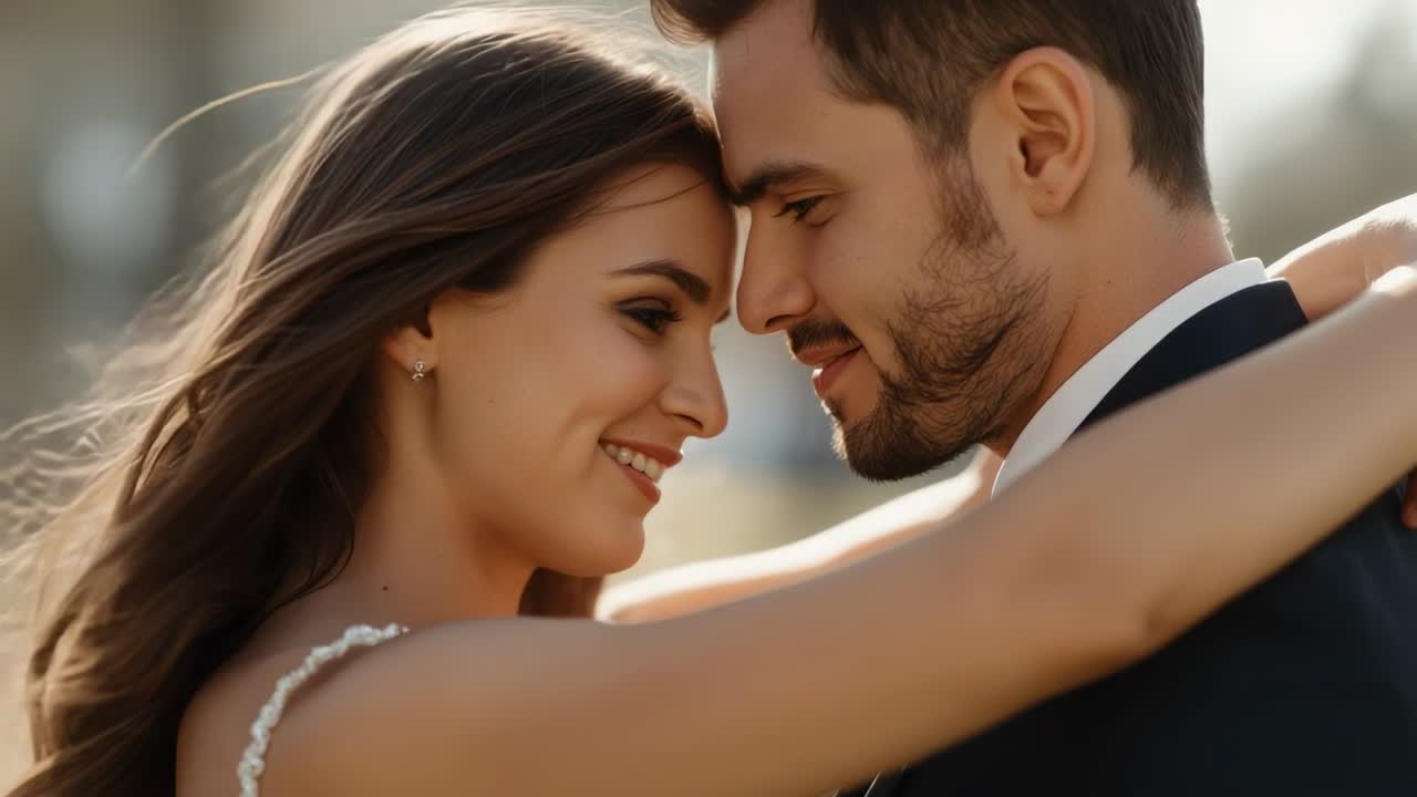 Sonriendo, mirando fijamente, pareja juntando las frentes en una boda al aire libre, ella con un vestido de tirantes y él con un traje oscuro