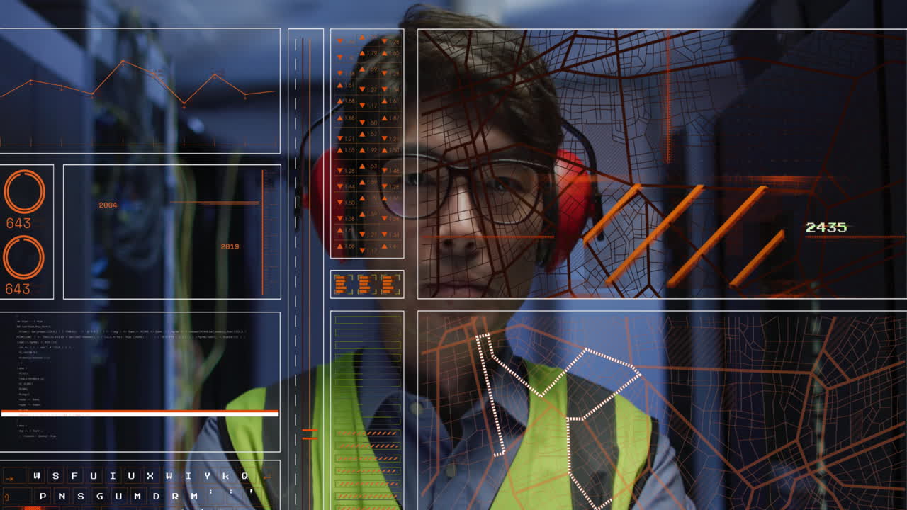 animación de la interfaz con procesamiento de datos sobre ingeniero masculino asiático en la sala de servidores de computadoras.