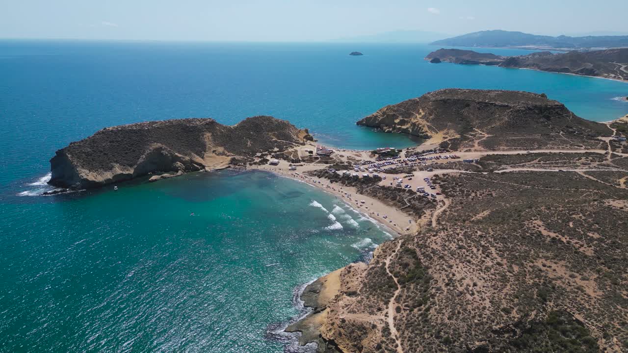Aerial, Seaside Rocky Landscapes, Beachgoer Vehicles, Playa La Carolina - Murcia Region, Spain