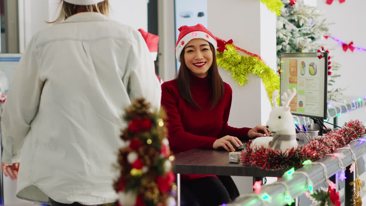 Festive office scene with people celebrating Christmas